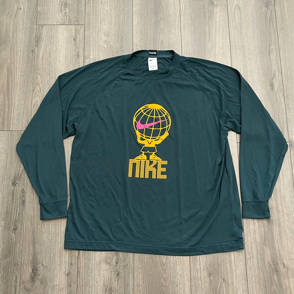 Nike Dri-FIT Long Sleeve Graphic Training Shirt XL Teal Green Globe Swoosh